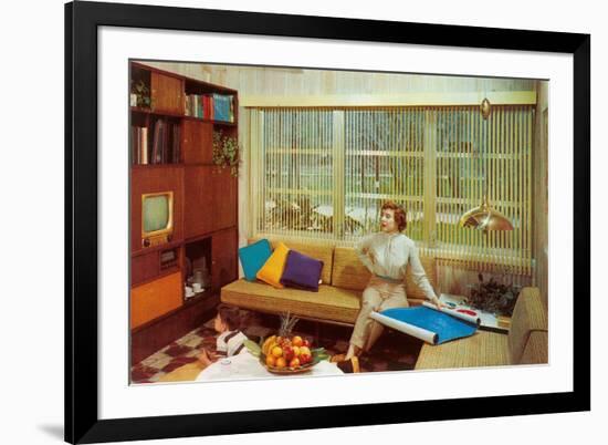 Woman Reading Plans in Living Room, Retro-null-Framed Premium Giclee Print