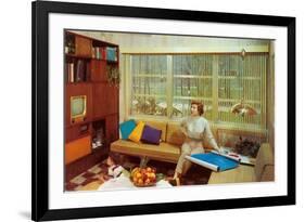 Woman Reading Plans in Living Room, Retro-null-Framed Premium Giclee Print