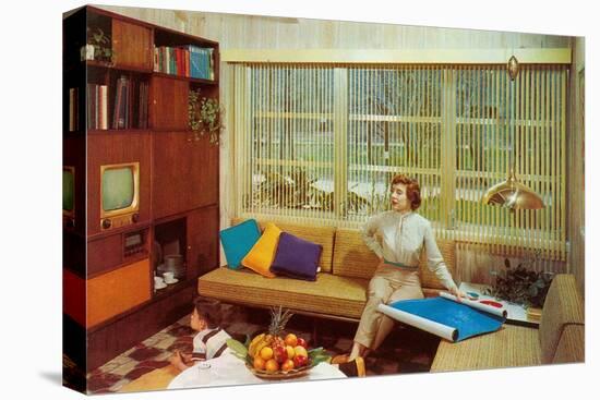 Woman Reading Plans in Living Room, Retro-null-Stretched Canvas