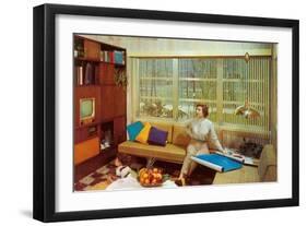 Woman Reading Plans in Living Room, Retro-null-Framed Art Print
