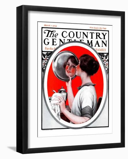 "Woman Reflected in Silver Tray," Country Gentleman Cover, March 1, 1924-Katherine R. Wireman-Framed Giclee Print