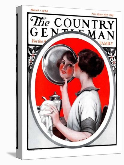 "Woman Reflected in Silver Tray," Country Gentleman Cover, March 1, 1924-Katherine R. Wireman-Stretched Canvas