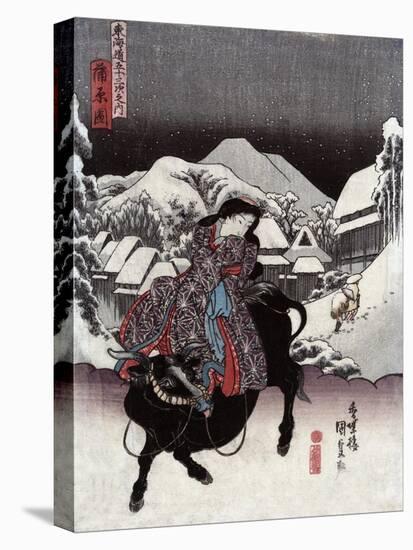 Woman Riding a Bull with a Village in the Background, Japanese Wood-Cut Print-Lantern Press-Stretched Canvas
