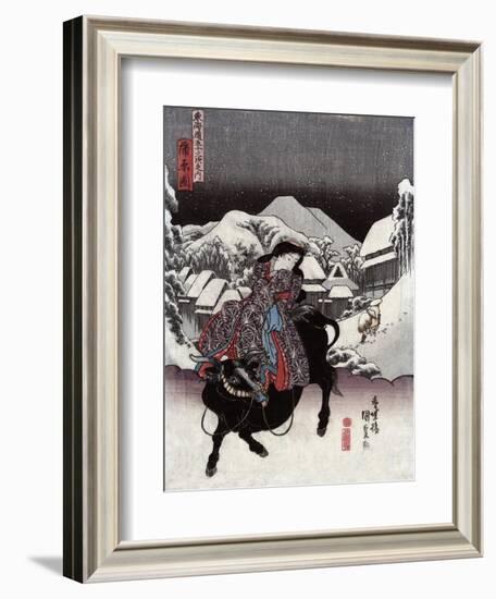 Woman Riding a Bull with a Village in the Background, Japanese Wood-Cut Print-Lantern Press-Framed Art Print
