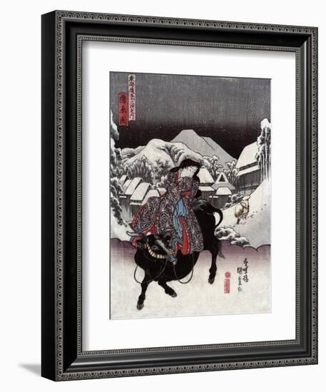 Woman Riding a Bull with a Village in the Background, Japanese Wood-Cut Print-Lantern Press-Framed Art Print