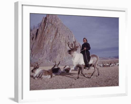 Woman Riding One of Her Reindeer in Outer Mongolia-Howard Sochurek-Framed Photographic Print