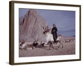 Woman Riding One of Her Reindeer in Outer Mongolia-Howard Sochurek-Framed Photographic Print