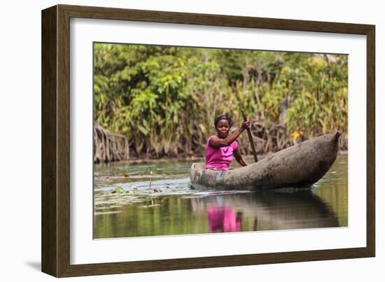 Woman Rowing Traditional Pirogue Down Du River, Monrovia, Liberia-Alida Latham-Framed Photographic Print