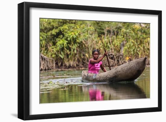 Woman Rowing Traditional Pirogue Down Du River, Monrovia, Liberia-Alida Latham-Framed Photographic Print