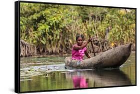 Woman Rowing Traditional Pirogue Down Du River, Monrovia, Liberia-Alida Latham-Framed Stretched Canvas