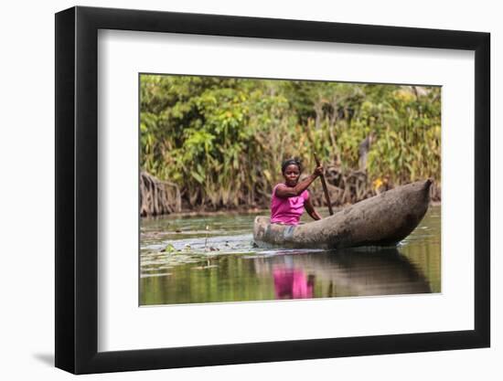 Woman Rowing Traditional Pirogue Down Du River, Monrovia, Liberia-Alida Latham-Framed Photographic Print