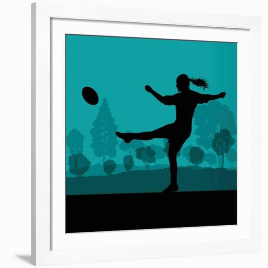 Woman Rugby Silhouette in Countryside Nature Illustration Vector-Kristaps Eberlins-Framed Art Print