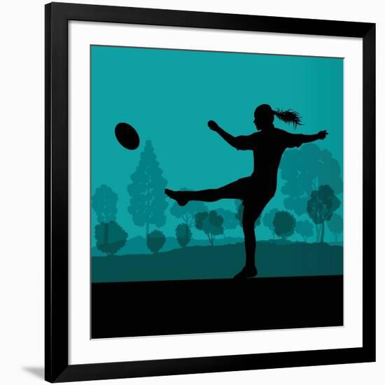 Woman Rugby Silhouette in Countryside Nature Illustration Vector-Kristaps Eberlins-Framed Art Print