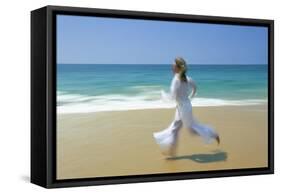 Woman Running Along Beach, Kovalam, Kerala State, India-Gavin Hellier-Framed Stretched Canvas