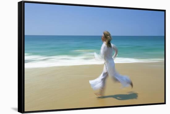 Woman Running Along Beach, Kovalam, Kerala State, India-Gavin Hellier-Framed Stretched Canvas