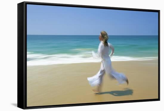 Woman Running Along Beach, Kovalam, Kerala State, India-Gavin Hellier-Framed Stretched Canvas