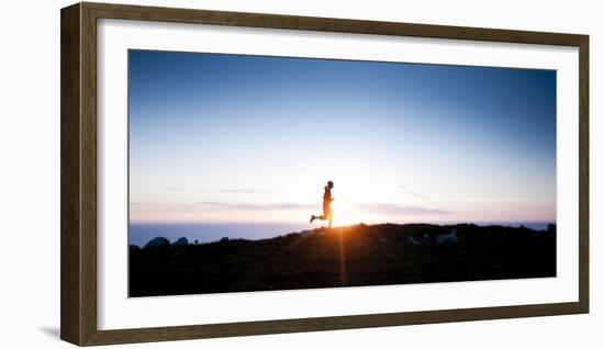 Woman Runs Along a Trail Above the California Coast North of San Francisco-Steven Gnam-Framed Photographic Print