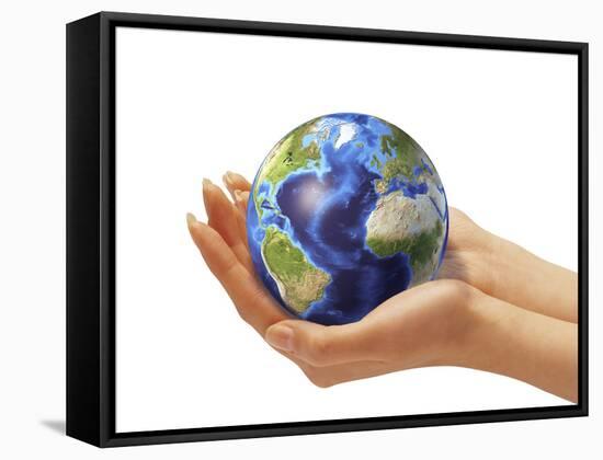 Woman's Hands Holding An Earth Globe-Stocktrek Images-Framed Stretched Canvas