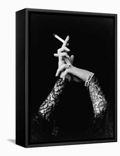 Woman's Hands Holding Cigarette-null-Framed Stretched Canvas
