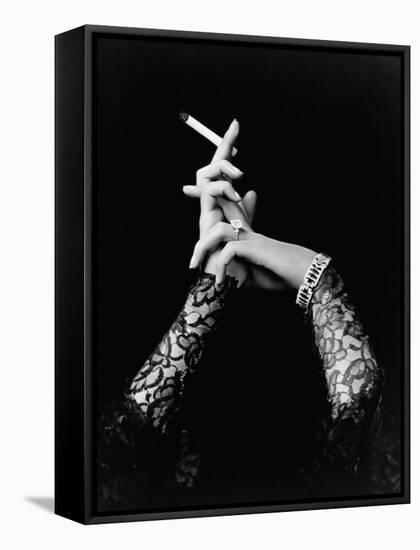 Woman's Hands Holding Cigarette-null-Framed Stretched Canvas