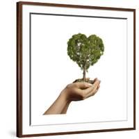 Woman's Hands Holding Soil with a Tree Heart Shaped-null-Framed Art Print