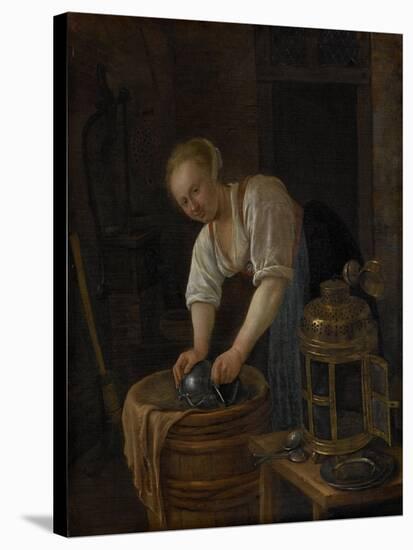 Woman Scouring Metalware-Jan Havicksz Steen-Stretched Canvas