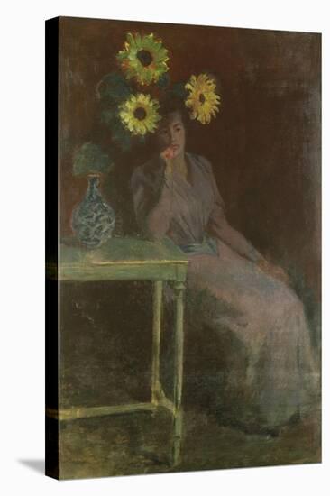 Woman Seated with Sunflowers-Claude Monet-Stretched Canvas