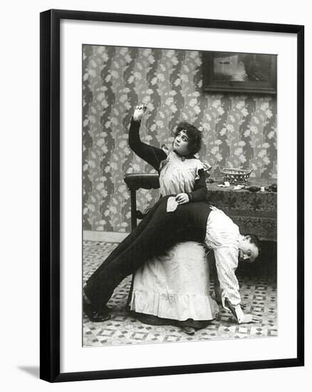Woman Sewing a Tear on a Man's Trousers, C.1895-null-Framed Photographic Print
