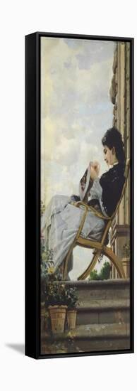 Woman Sewing on the Terrace, 1882-Cristiano Banti-Framed Stretched Canvas