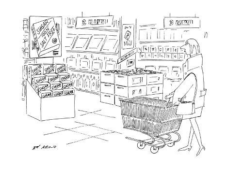 Woman shopping in supermarket sees display: Woman shopping in supermarket sees display: