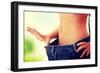 Woman Showing How Much Weight She Lost. Healthy Lifestyles Concept-B-D-S-Framed Photographic Print