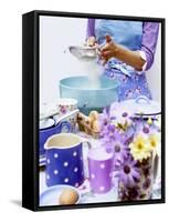 Woman Sieving Flour into a Bowl, Crockery & Eggs in Front-Linda Burgess-Framed Stretched Canvas