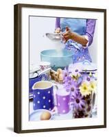 Woman Sieving Flour into a Bowl, Crockery & Eggs in Front-Linda Burgess-Framed Photographic Print