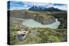 Woman Sitting Above a River Bend in Front of the Torres Del Paine National Park-Michael Runkel-Stretched Canvas