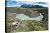 Woman Sitting Above a River Bend in Front of the Torres Del Paine National Park-Michael Runkel-Stretched Canvas