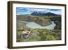 Woman Sitting Above a River Bend in Front of the Torres Del Paine National Park-Michael Runkel-Framed Photographic Print