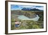 Woman Sitting Above a River Bend in Front of the Torres Del Paine National Park-Michael Runkel-Framed Photographic Print