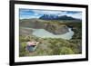 Woman Sitting Above a River Bend in Front of the Torres Del Paine National Park-Michael Runkel-Framed Photographic Print