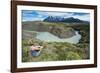 Woman Sitting Above a River Bend in Front of the Torres Del Paine National Park-Michael Runkel-Framed Photographic Print