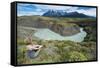 Woman Sitting Above a River Bend in Front of the Torres Del Paine National Park-Michael Runkel-Framed Stretched Canvas