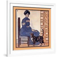 Woman Sitting On A Chair Holding A Book With A Cat Looking On-Edward Penfield-Framed Art Print