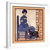 Woman Sitting On A Chair Holding A Book With A Cat Looking On-Edward Penfield-Framed Art Print