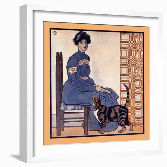 Woman Sitting On A Chair Holding A Book With A Cat Looking On-Edward Penfield-Framed Art Print