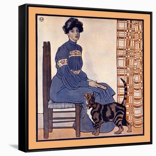 Woman Sitting on a Chair Holding a Book with a Cat Looking On-Edward Penfield-Framed Stretched Canvas
