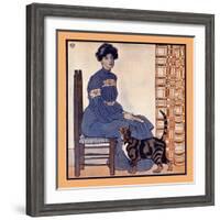 Woman Sitting on a Chair Holding a Book with a Cat Looking On-Edward Penfield-Framed Art Print