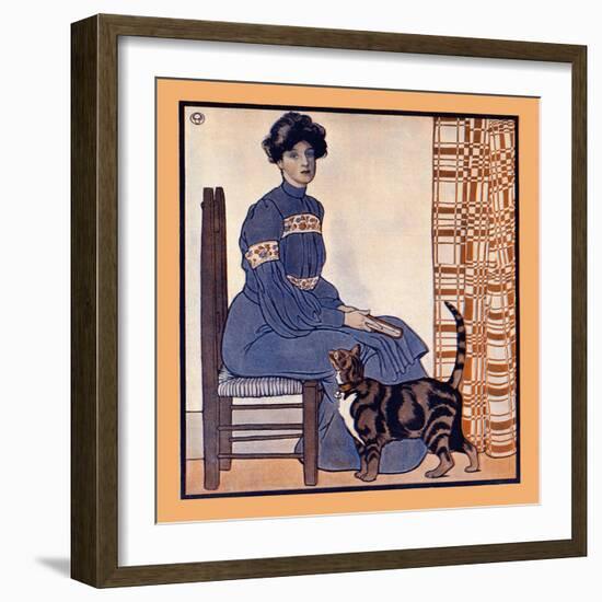 Woman Sitting on a Chair Holding a Book with a Cat Looking On-Edward Penfield-Framed Art Print