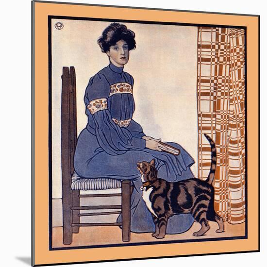 Woman Sitting on a Chair Holding a Book with a Cat Looking On-Edward Penfield-Mounted Art Print