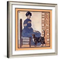 Woman Sitting on a Chair Holding a Book with a Cat Looking On-Edward Penfield-Framed Art Print