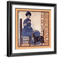 Woman Sitting on a Chair Holding a Book with a Cat Looking On-Edward Penfield-Framed Art Print