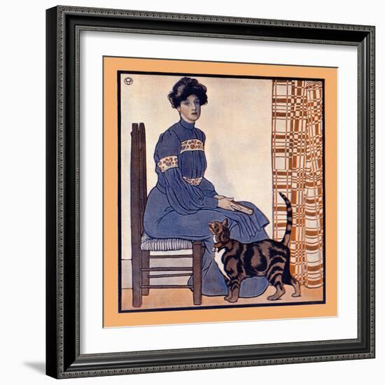 Woman Sitting on a Chair Holding a Book with a Cat Looking On-Edward Penfield-Framed Art Print